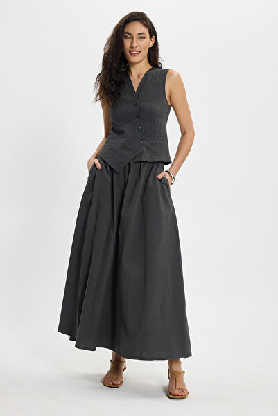 Tudors Kadın Slim Fit Dar Kesim %100 Pamuk V Yaka Çift Cepli Antrasit Etek Ye...