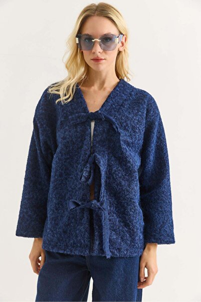 Raneel Kazançlı Alışveriş Women's Cashmere Front-Tie Jacket Navy Blue