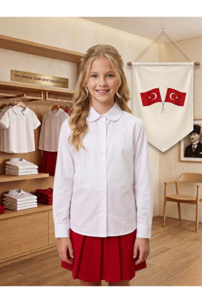 secret touch Kız Çocuk Beyaz Uzun Kol Pamuklu Bebe Yaka Okul ve Gösteri Gömleği