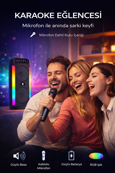 Omaze RGB LED Karaoke Bluetooth Hoparlör Mikrofon Dahil Kablosuz Taşınabilir Bluetooth Speaker