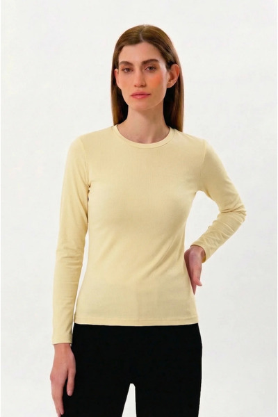 UNIQVIBE 100% Organic Cotton Yellow Crew Neck Long Sleeve Women's T-Shirt