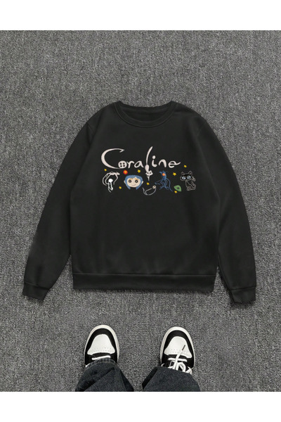 Oceanwear Coraline Printed Embossed Unisex Black Sweatshirt