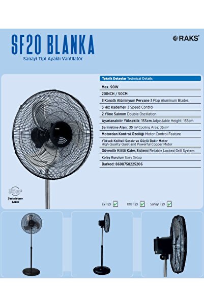 Raks SF20 BLANKA SANAYİ TİPİ 20 İNÇ AYAKLI VANTİLATÖR 90 WATT 7 YIL GARANTİLİ