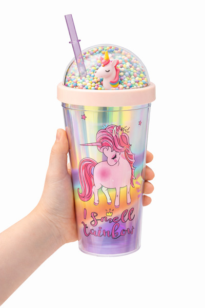 MİS KİTCHEN Unicorn Figürlü Çocuk Bardak Pipetli Kapaklı Renkli Boncuklu Rain...