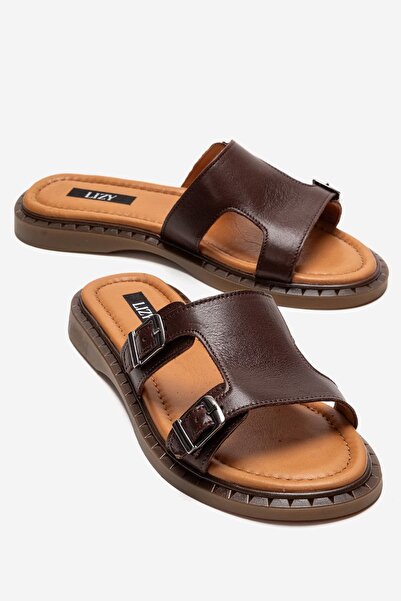 Lizy Shoes Γυναικείες δερμάτινες παντόφλες με αγκράφα σε καφέ χρώμα, καθημερι...