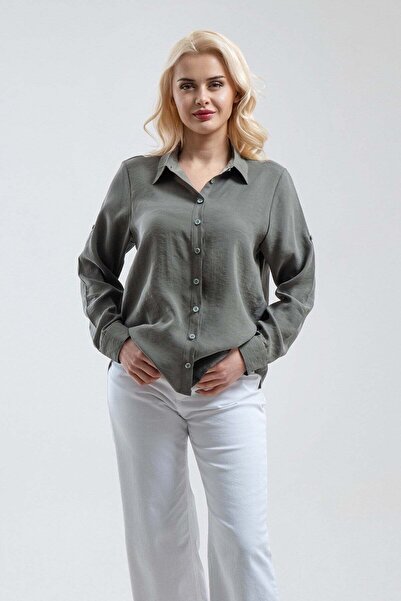 Bold & Young Γυναικείο πουκάμισο από ύφασμα Khaki Modal με μανίκια Britli Com...