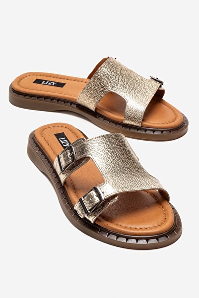 Lizy Shoes Γυναικείες χρυσές δερμάτινες παντόφλες με αγκράφα, καθημερινές, άν...