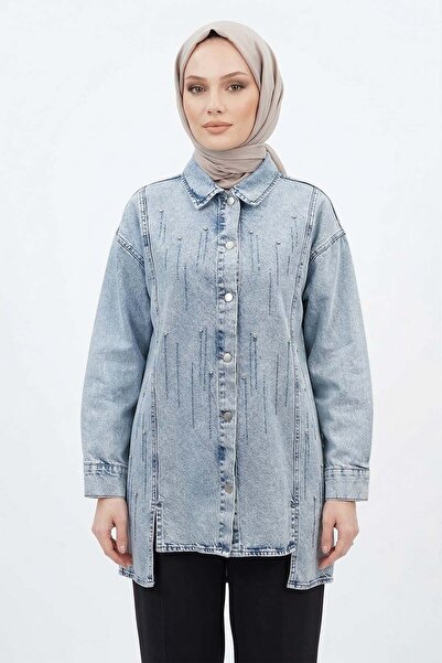 Lale Butik Τζιν Μπουφάν με Πέτρινη Λεπτομέρεια, Ζώνη και Κουμπιά στο Μπροστιν...