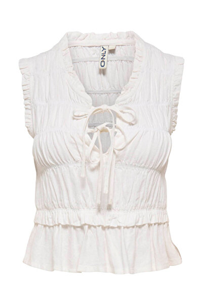 ONLY Onlgoa S/S Linen Bl Frıll Top Cc Pnt Λευκό Γυναικείο T-Shirt 15363693