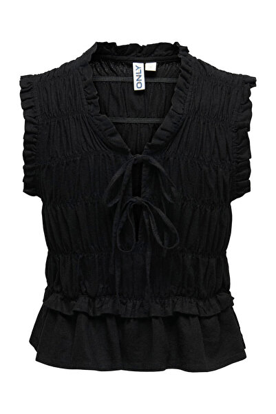 ONLY Μαύρο γυναικείο μπλουζάκι με λαιμόκοψη V ONLGOA S/S LINEN BL FRILL TOP C...