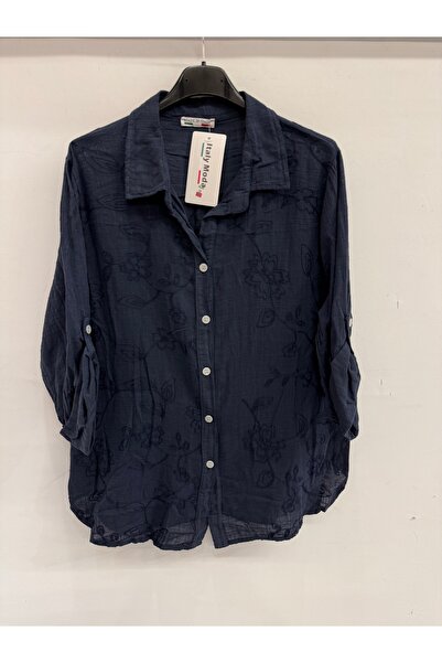 della moor Γυναικείο πουκάμισο σε σκούρο μπλε ιταλικό χρώμα με κεντημένα λουλ...