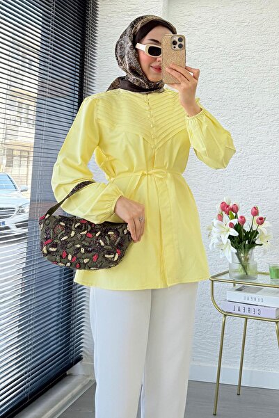 MELEK ARAZ Hakim Collar Ribbed Detailed Poplin Shirt Tunic - Yellow