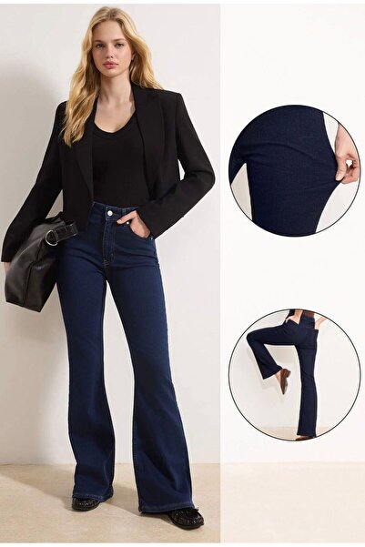 MRİABE Dark Blue High Waist Flare Soft Stretchy Knitted Denim/Jeans Tw91