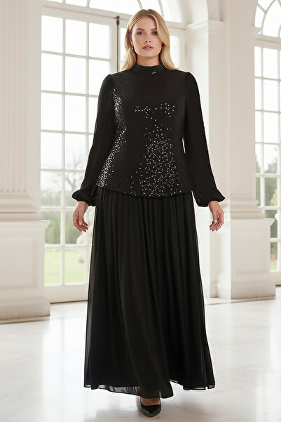 SUBU TASARIM Βραδινό φόρεμα χιτζάμπ μεγάλου μεγέθους με λεπτομέρεια από παγιέ...