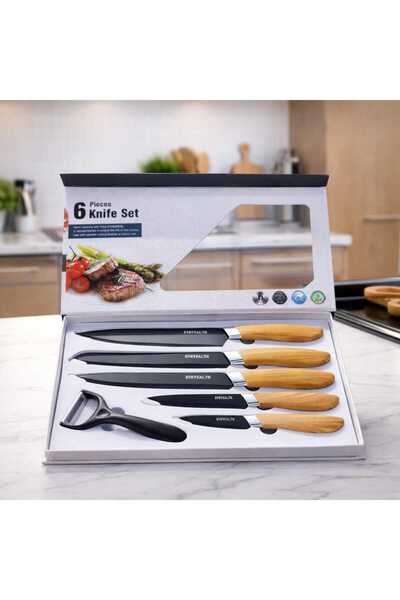 Generic Σετ μαχαιριών κουζίνας 6 τεμαχίων με λαβή από μπαμπού + αποφλοιωτής λ...