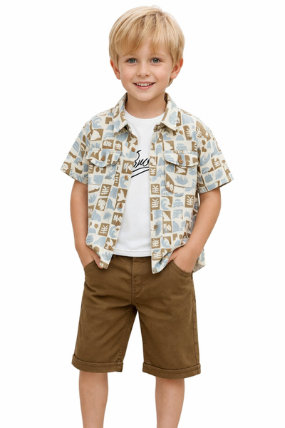 İrem Çocuk Giyim Boy's Brown Three-Piece Set with Checkered Patterned Muslin ...