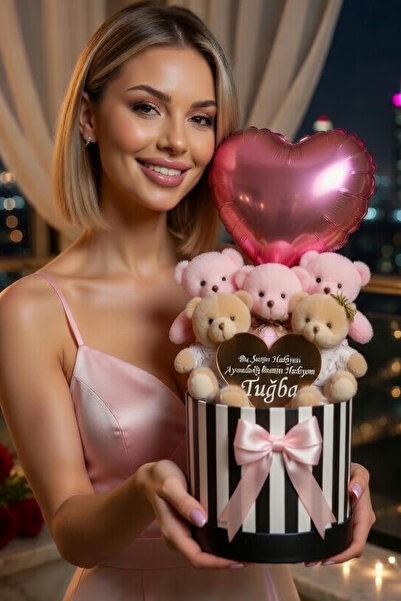 Solemia Kişiye Özel İsim Yazılı Aynalı Peluş 5'li Pembe Ayıcık Buketi – Balon...