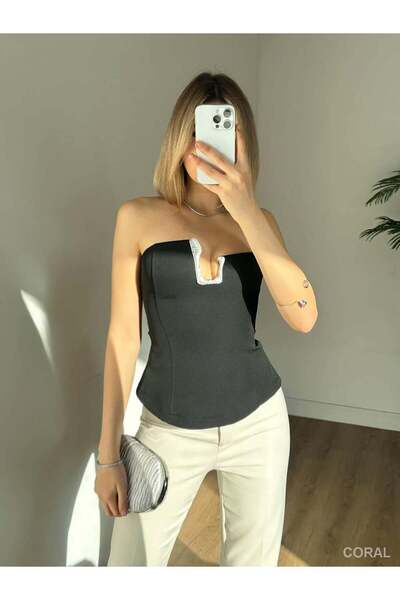 Coral 20171 Strapless Blouse with Stone Detail on the Collar Black