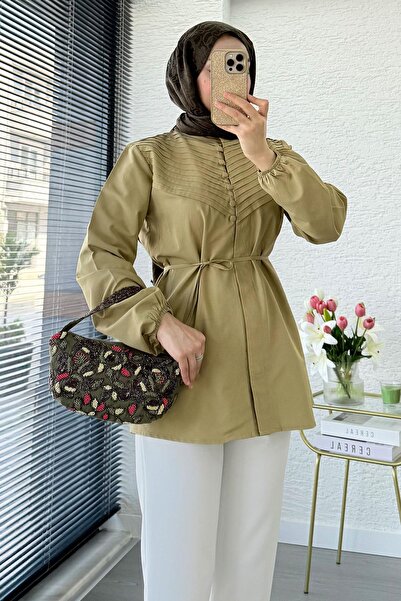 MELEK ARAZ Hakim Collar Ribbed Detailed Poplin Shirt Tunic - Olive Green