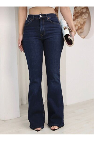 MRİABE Women's Navy Blue High-Waisted Spanish-Cut Jeans/Pants