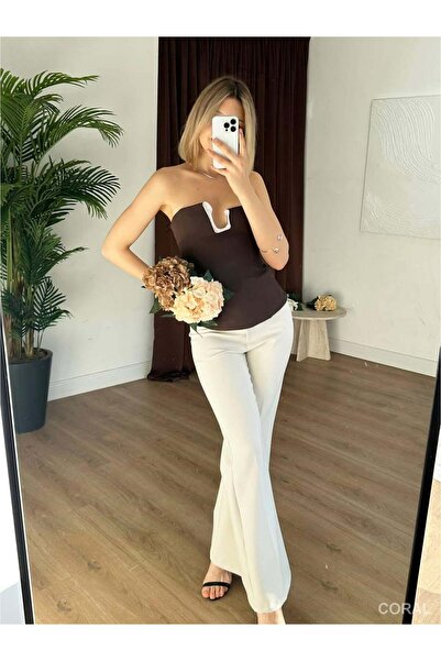 Coral 20171 Strapless Blouse with Stone Detail on the Collar, Brown