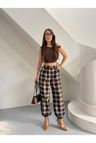 MODAMERSİ Women's Brown Plaid Patterned Elastic Leg Pants