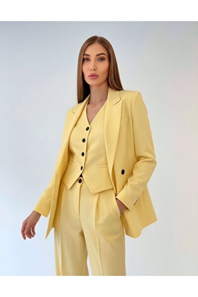 ossons Premium Γυναικείο Ριγέ Βουτυροκίτρινο Σακάκι, Γιλέκο και Παντελόνι Σετ...