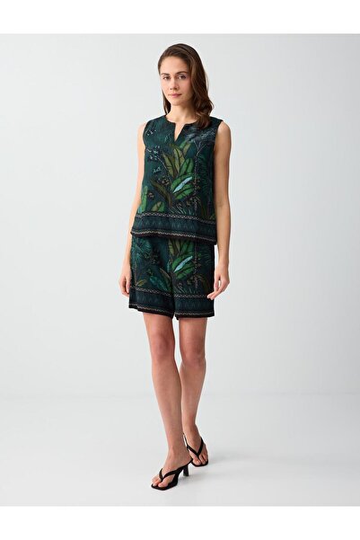 Jimmy Key Σκούρο πράσινο λινό πλεκτό σορτς με ψηλόμεσο σχέδιο