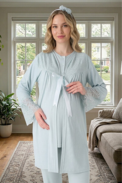 Lohusa Homewear Νέα σεζόν Πράσινο Μέντα Σετ Πιτζάμες Εγκυμοσύνης Ζακάρ με κον...