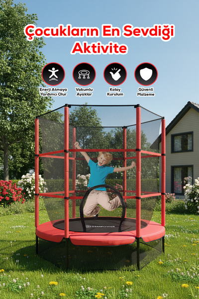 DEMPOWER 160x140 cm Koruma Fileli 60 Kg Taşıma Kapasiteli Çocuk Trambolin