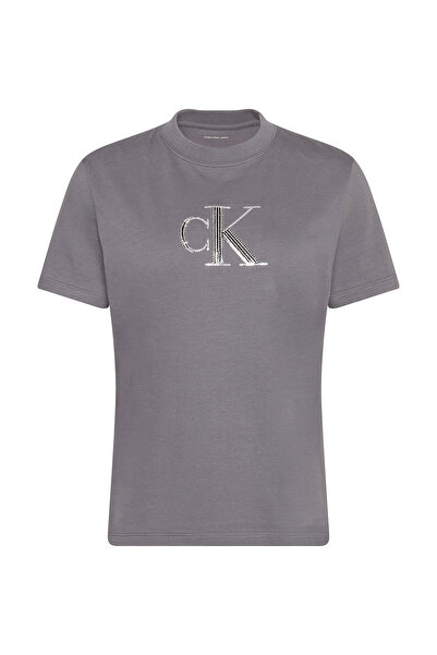 Calvin Klein Kadın Kısa Kol CK Yazı Detay Bisiklet Yaka Gri T-Shirt