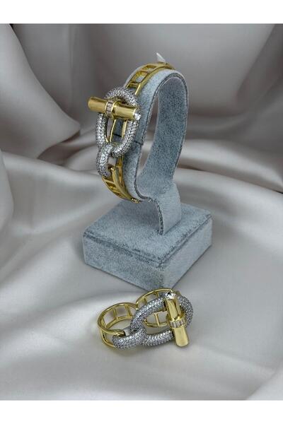 ZS Aksesuar Gold Color Chain Detailed Handcuff Bracelet and Adjustable Ring S...