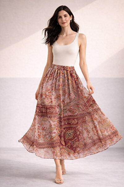 Sienza Ψηλόμεση μίντι φούστα με μποέμ σχέδιο σάλι – Ρευστό ύφασμα, ελαστική μ...