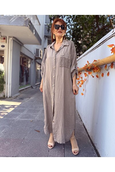 DenizEge Ιταλικό λινό πουκάμισο φόρεμα βιζόν