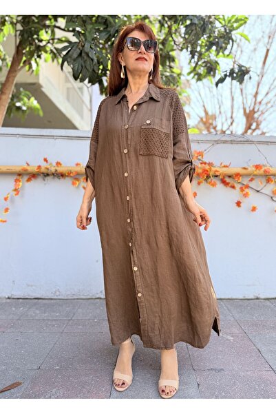 DenizEge Ιταλικό λινό πουκάμισο-φόρεμα σε καφέ χρώμα