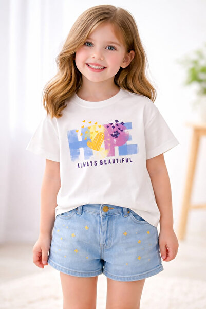İrem Çocuk Giyim Girl's Hope Text Patterned White Color Short Sleeve T-Shirt