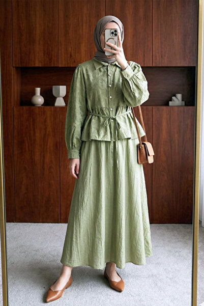 MODAQU Stoned Buttoned Patterned Jacquard Skirt Top and Bottom Set - Çağla Green