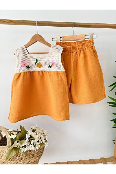 Yess Butik Kız Çocuk Turuncu İşlemeli Şort Takım