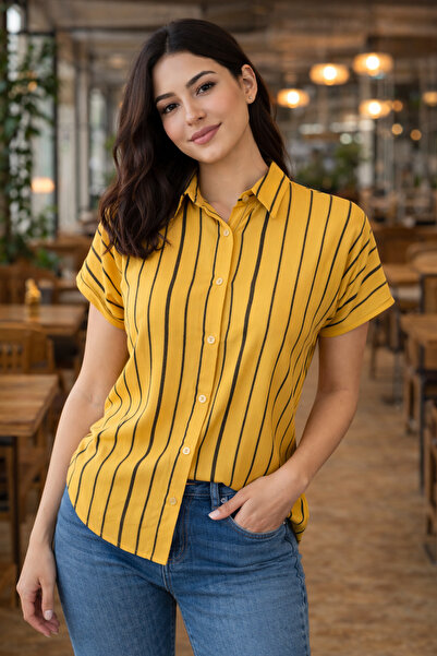 AQE FASHION Γυναικείο ριγέ κοντομάνικο πουκάμισο με κουμπιά, άνετη εφαρμογή, ...