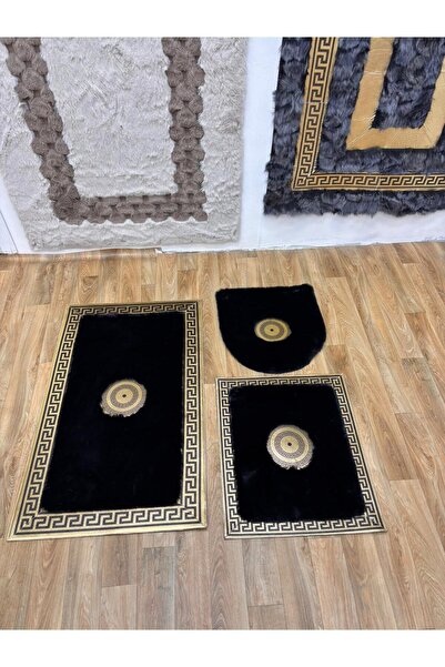 SANCAK DERİ HALI LÜKS GOLD VARAKLI SİYAH PELUŞ BANYO SETİ