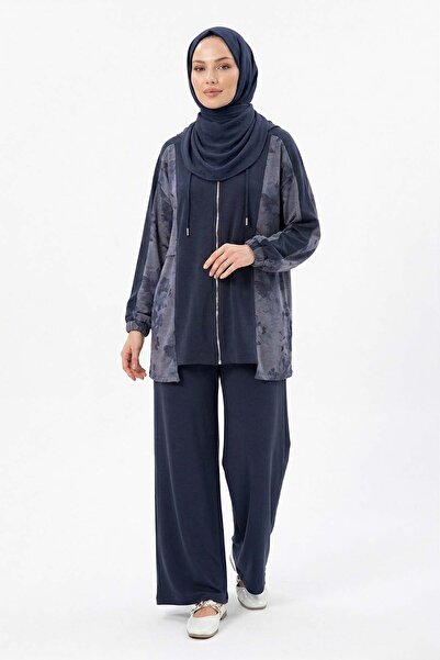 Lale Butik Floral and Zipper Detail Cap and Trousers Set 70081-2 Navy Blue