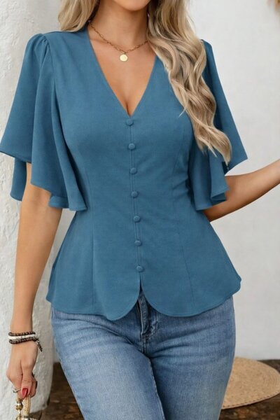 Wear Up Women's Short Sleeve Button-Front Imported Crepe Blouse