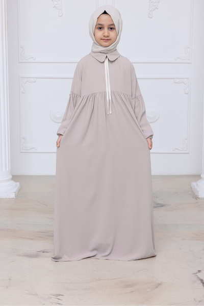 ihvan online Κοριτσίστικο βαμβακερό μονόχρωμο φόρεμα χιτζάμπ με γιακά κούκλας...