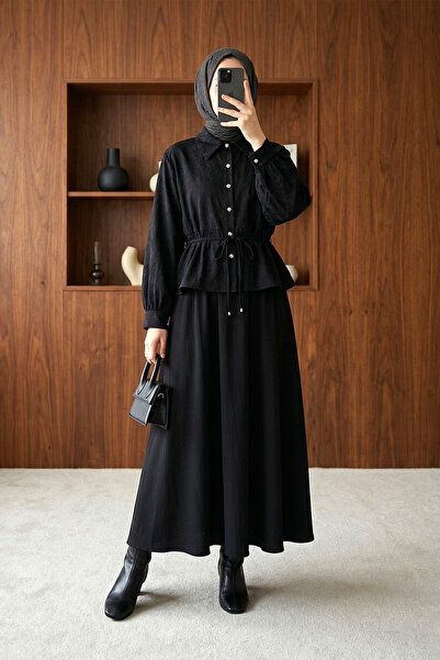 MODAQU Stoned Buttoned Patterned Jacquard Skirt Top and Bottom Set - Black