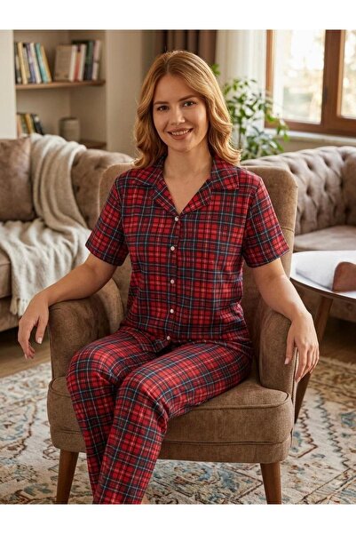 NOCHES PYJAMAS Women's Red Plaid Short Sleeve Milan Fabric Pajama Set
