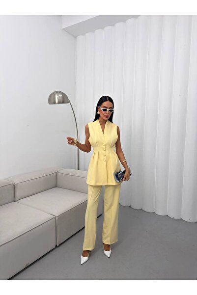 ParlaMira Γυναικείο Σετ Παντελόνι και Γιλέκο σε Κίτρινο Λεμονί
