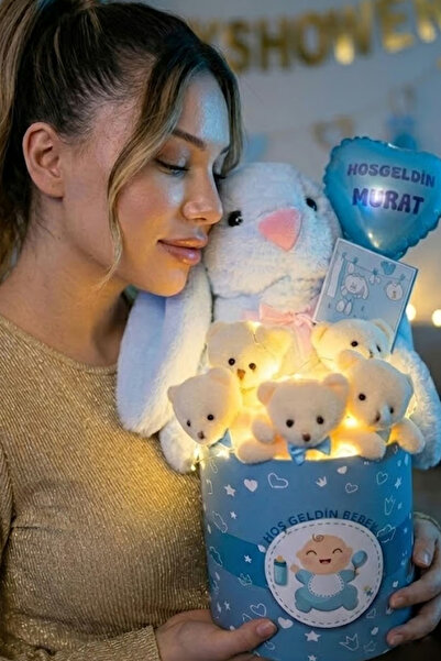 Solemia Kişiye Özel İsimli Balonlu Peluş Tavşanlı Led Işıklı 5'li Ayıcık Buke...