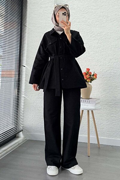 Miraydın Butik Γυναικείο Τζιν Σετ με Παντελόνι που δένει στη μέση - Μαύρο