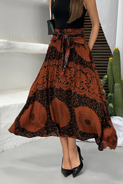 Lusin Women's Brown High Waist Stylish Ethnic Patterned Asymmetrical Cut Midi...