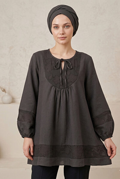 FERHEL Hijab Tunic with Tie at the Collar and Elastic Sleeves - Dark Brown